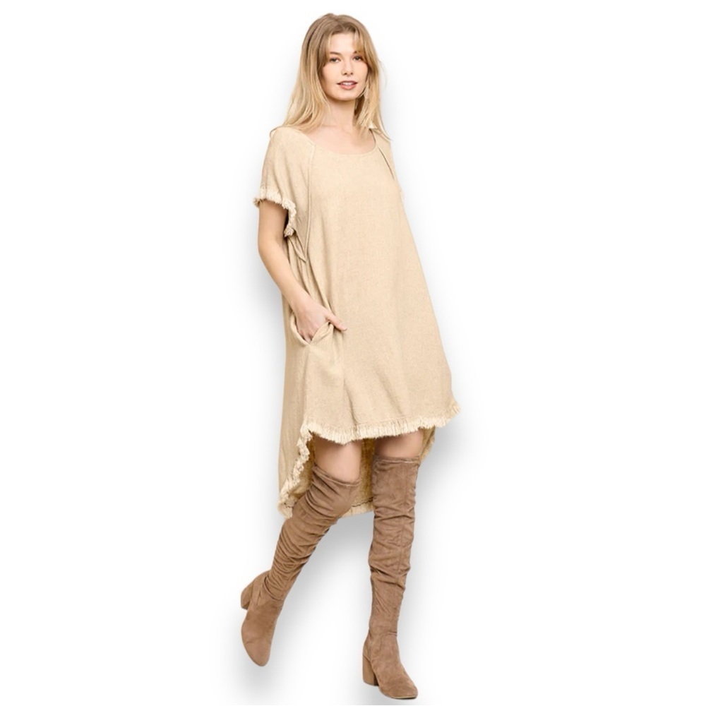 High-Low Fringe Hem Linen Dress with Pockets by Umgee Clothing Size Small